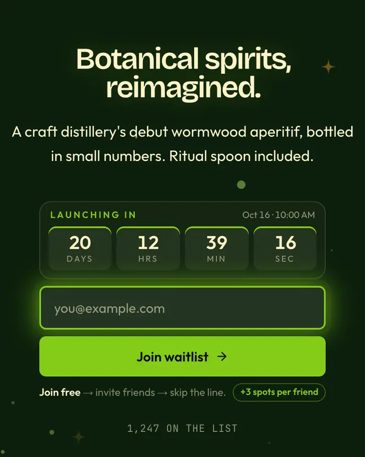 Absinthe Green — Dark Academia waitlist page template, deep green background
