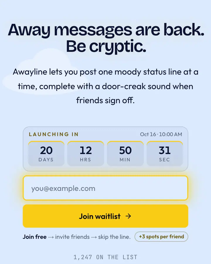 Away Message — Y2K waitlist page template, pale sky blue background