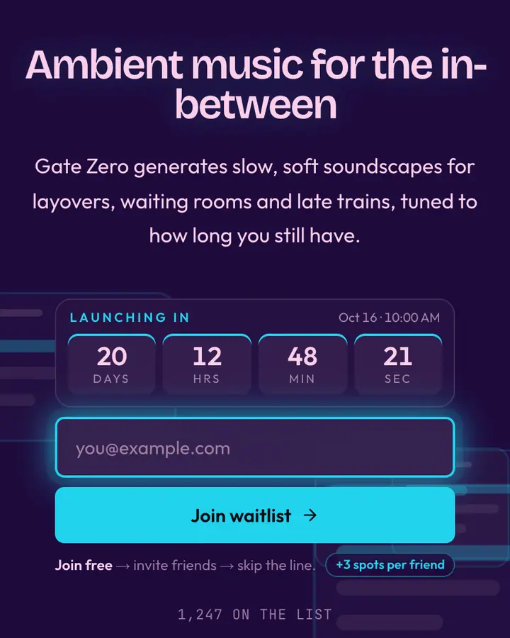 Airport Lounge — Vaporwave waitlist page template, deep violet background