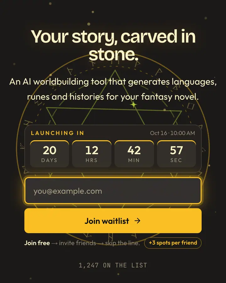Ancient Runes — Fantasy waitlist page template, charcoal background