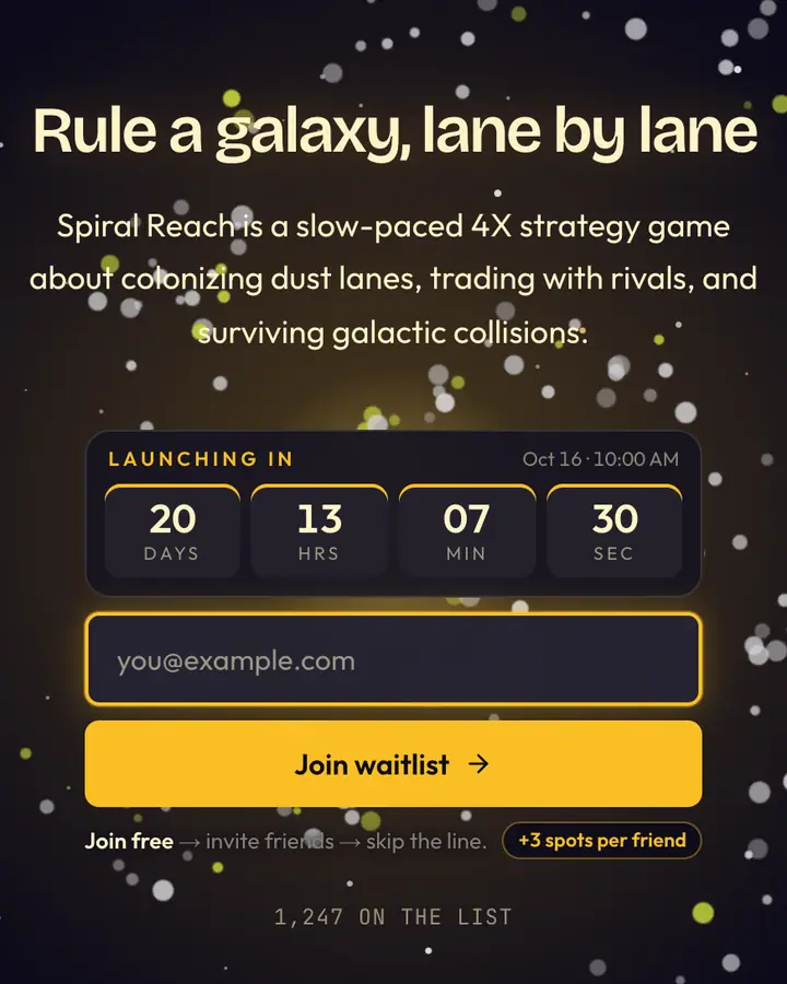 Andromeda Swirl — Cyberpunk & Sci-Fi waitlist page template, deep indigo background
