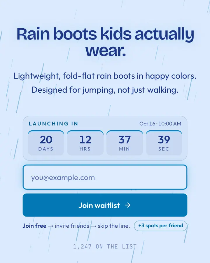 April Shower — Holiday & Seasonal waitlist page template, pale sky blue background