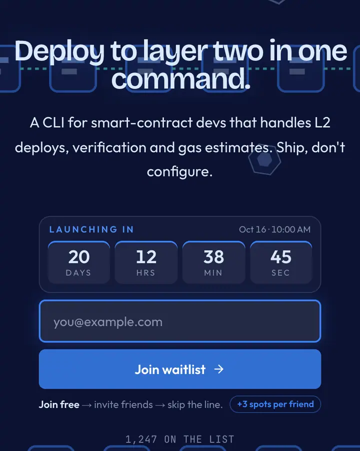 Rollup Blue — Crypto & Web3 waitlist page template, deep blue background