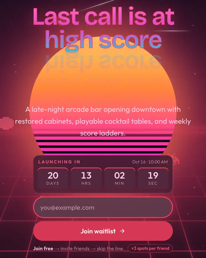 Arcade Neon — Retro & Pixel Art waitlist page template, near-black blue background