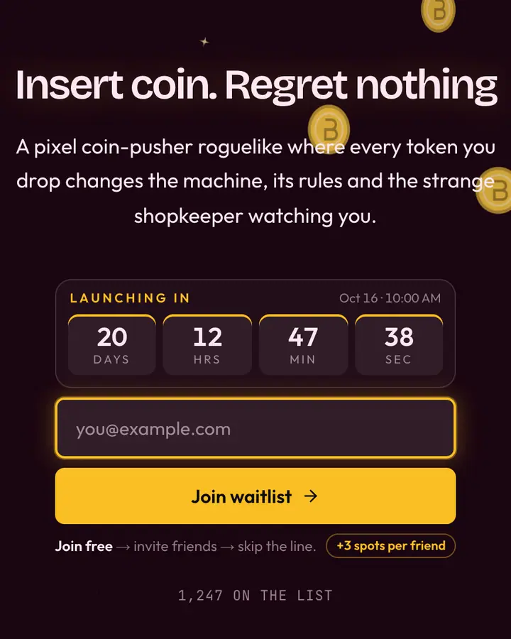 Arcade Token — Vaporwave waitlist page template, near-black pink background