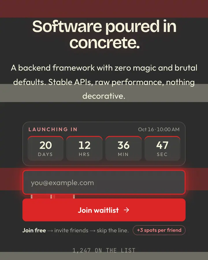 Architectural Brutalism — Industrial & Brutalist waitlist page template, charcoal background