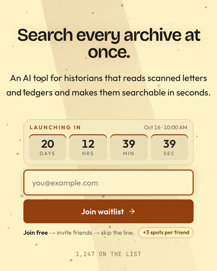 Archive Dust — Dark Academia waitlist page template, cream background