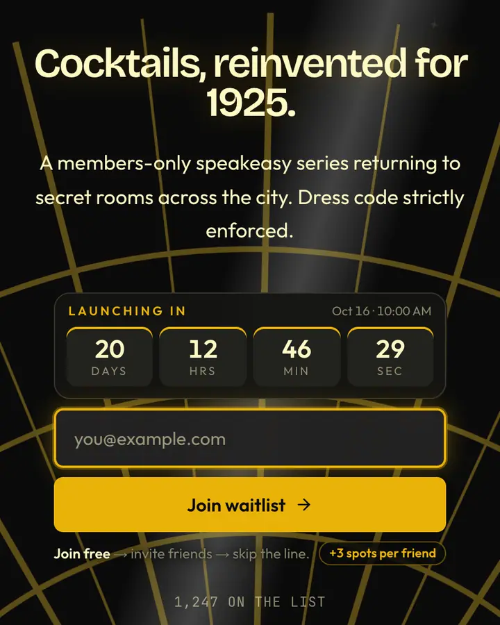 Art Deco — Editorial & Abstract waitlist page template, near-black background