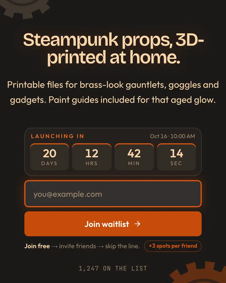 Artificer Brass — Fantasy waitlist page template, charcoal background