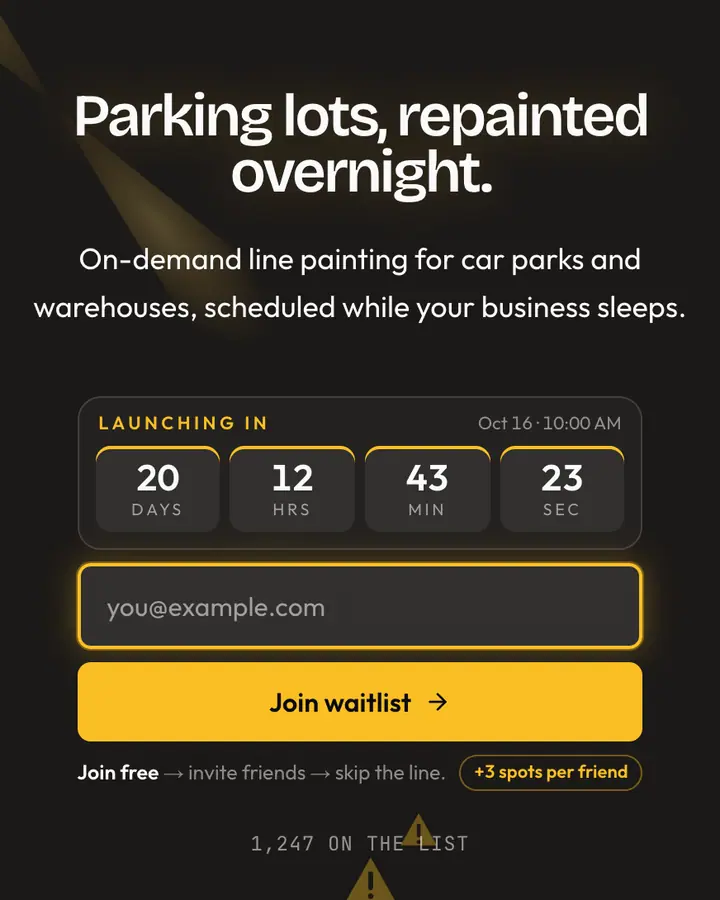 Asphalt Yellow — Industrial & Brutalist waitlist page template, charcoal background