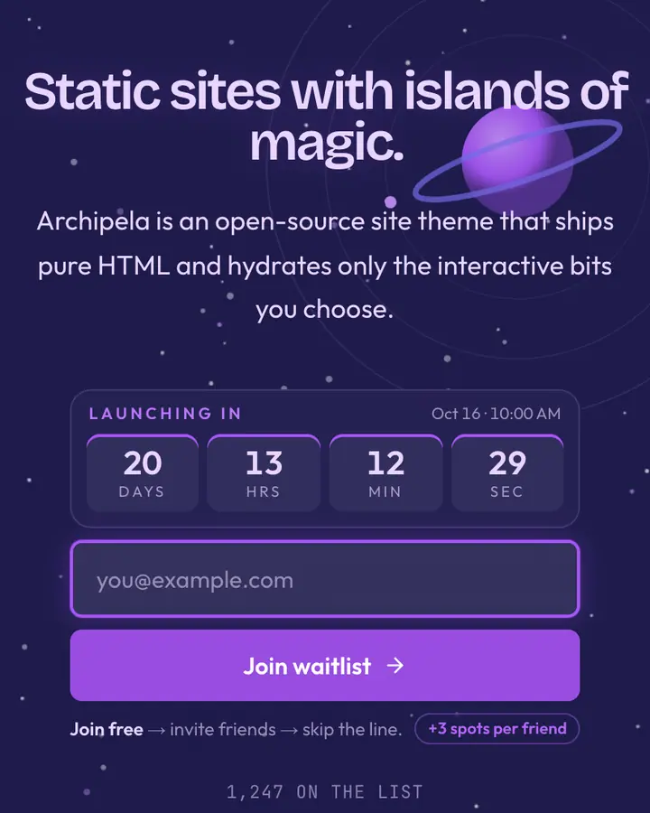 Islands Purple — Tech & SaaS waitlist page template, dark indigo background