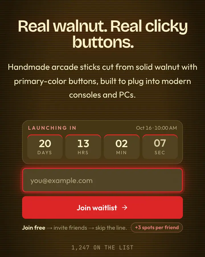 Woodgrain Console — Retro & Pixel Art waitlist page template, brown background