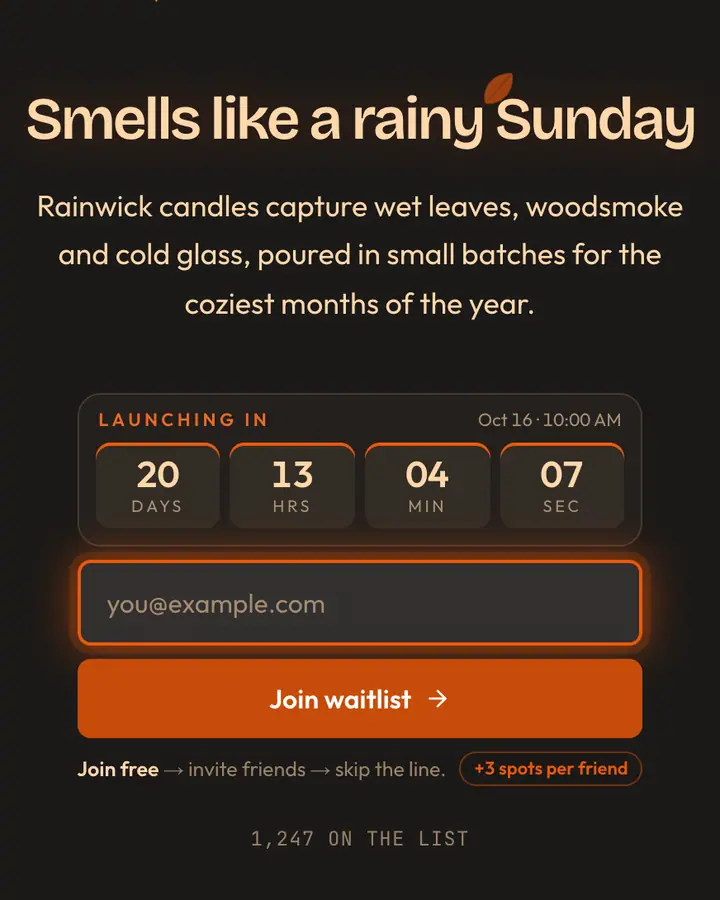 Autumn Rain — Nature & Organic waitlist page template, charcoal background