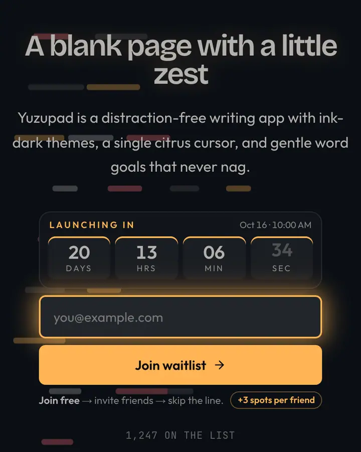 Ayu Dark — Terminal & Developer waitlist page template, near-black blue background