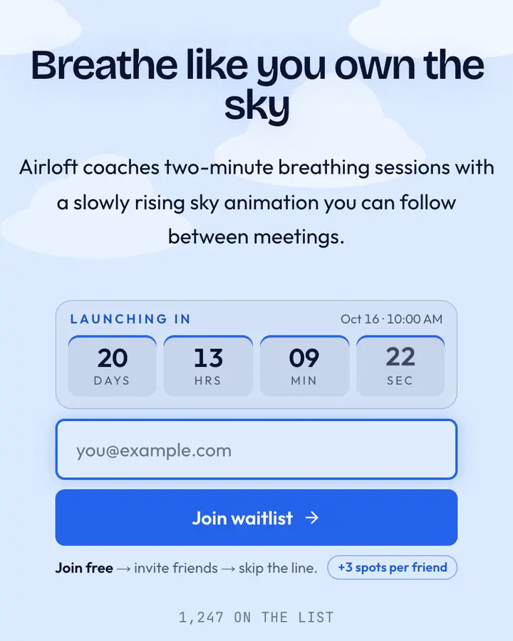 Azure Pane — Glassmorphism waitlist page template, pale sky blue background