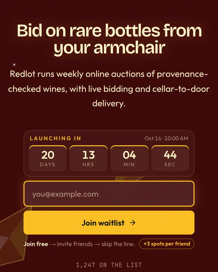 Crystal Red — Luxury waitlist page template, deep red background