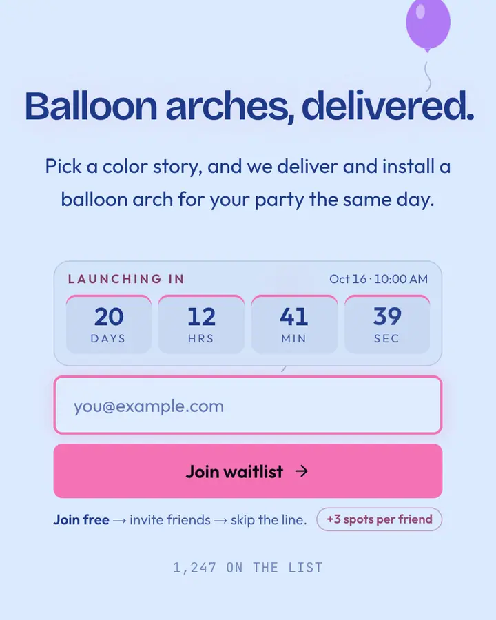 Balloon Party — Playful & Pastel waitlist page template, pale sky blue background