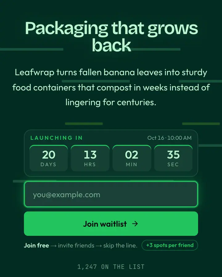 Banana Leaf — Nature & Organic waitlist page template, deep teal background