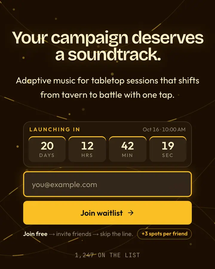 Bard Strings — Fantasy waitlist page template, near-black vermilion background