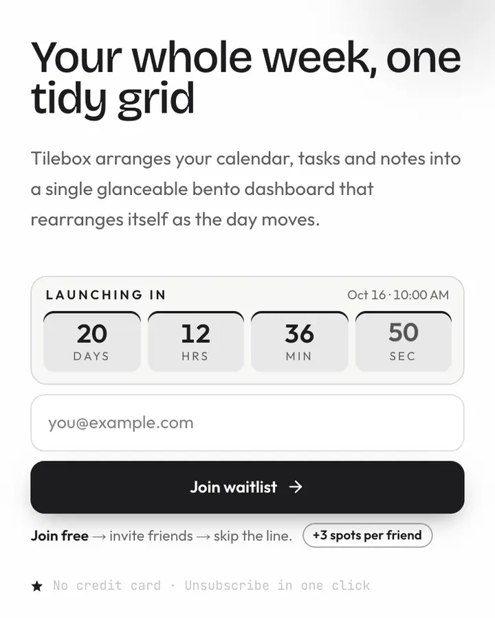 Bento Grid 2.0 — Tech & SaaS waitlist page template, white background