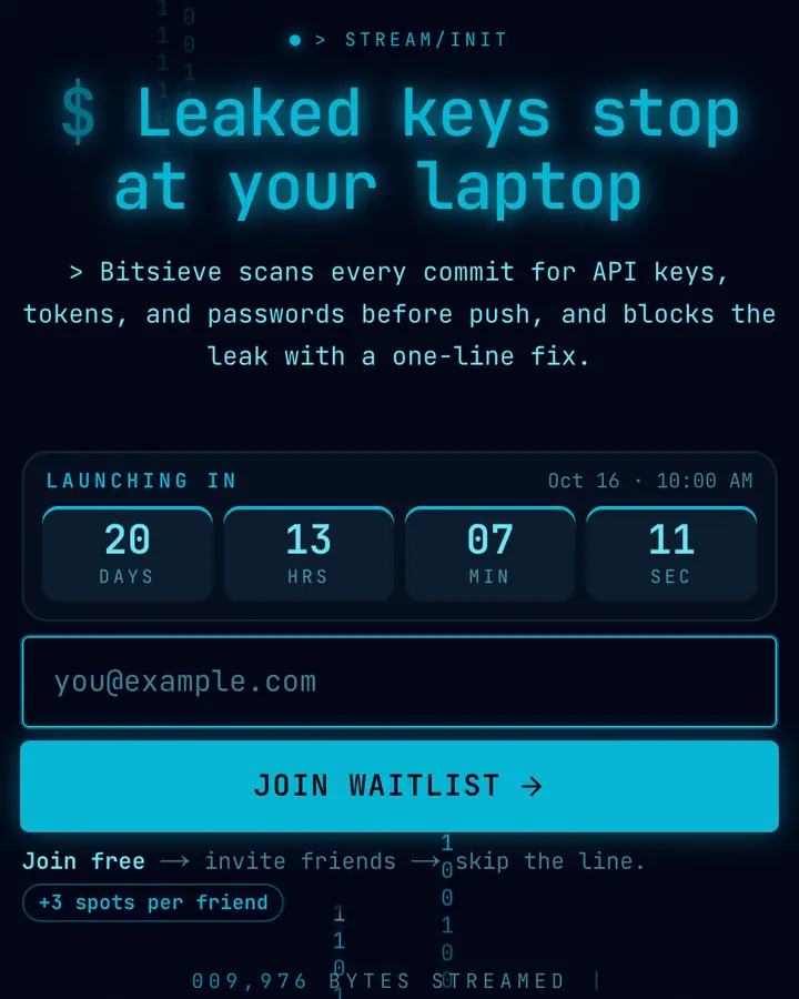 Binary Rain — Terminal & Developer waitlist page template, near-black blue background