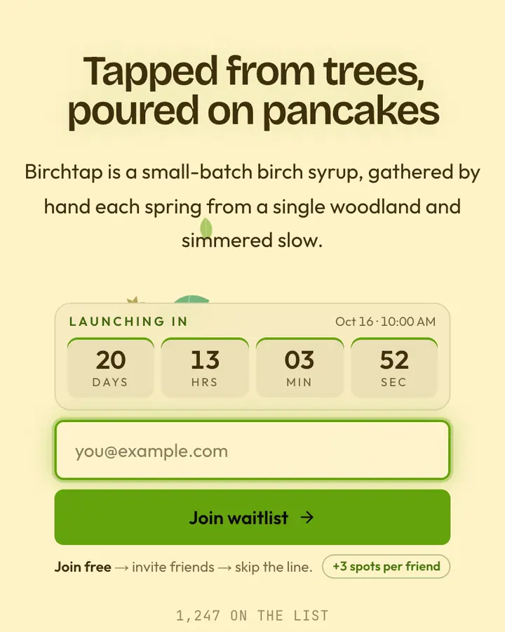 Birch Grove — Nature & Organic waitlist page template, cream background