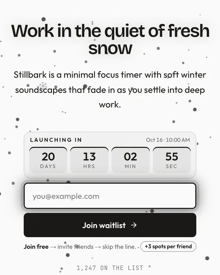Birch Winter — Nature & Organic waitlist page template, white background