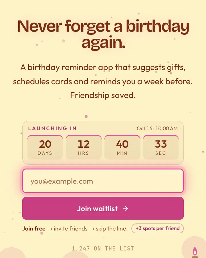 Birthday Cake — Playful & Pastel waitlist page template, cream background