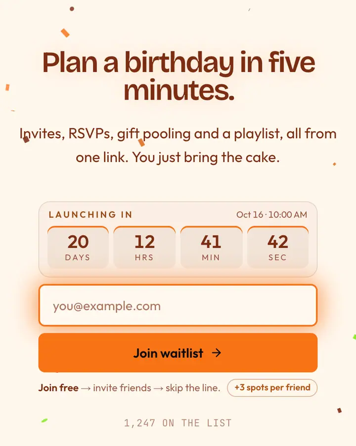 Birthday Pop — Playful & Pastel waitlist page template, orange-tinted white background