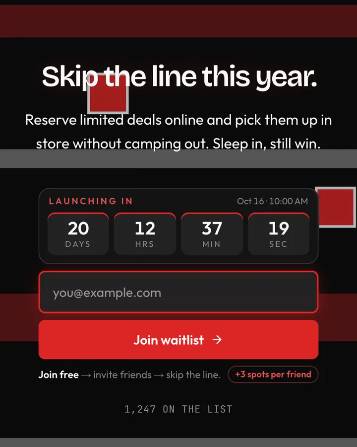 Black Friday — Holiday & Seasonal waitlist page template, near-black background