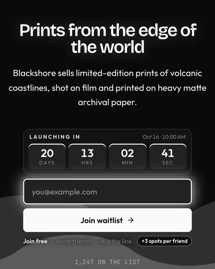 Black Sand — Nature & Organic waitlist page template, near-black background