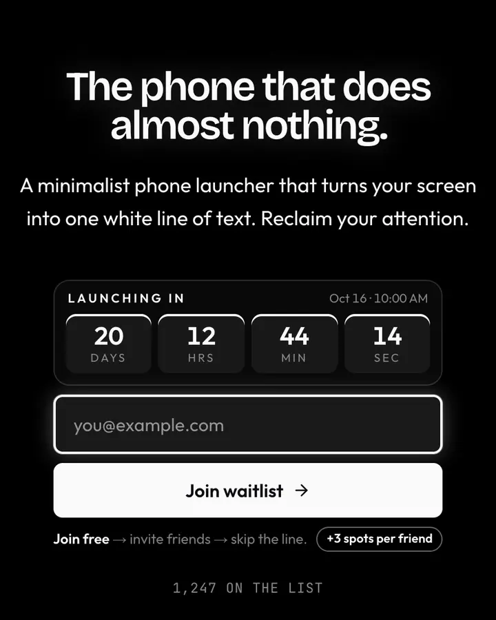 Blackout — Black & White waitlist page template, near-black background