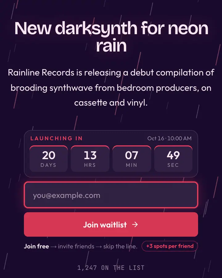 Neon Rain City — Cyberpunk & Sci-Fi waitlist page template, deep violet background