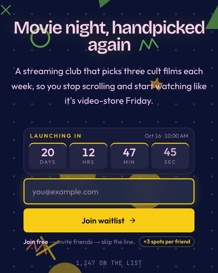 Video Rental — Vaporwave waitlist page template, deep blue background