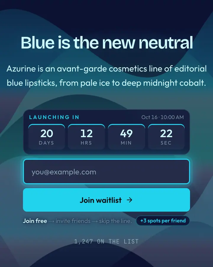 Blue Lipstick — Y2K waitlist page template, deep blue background