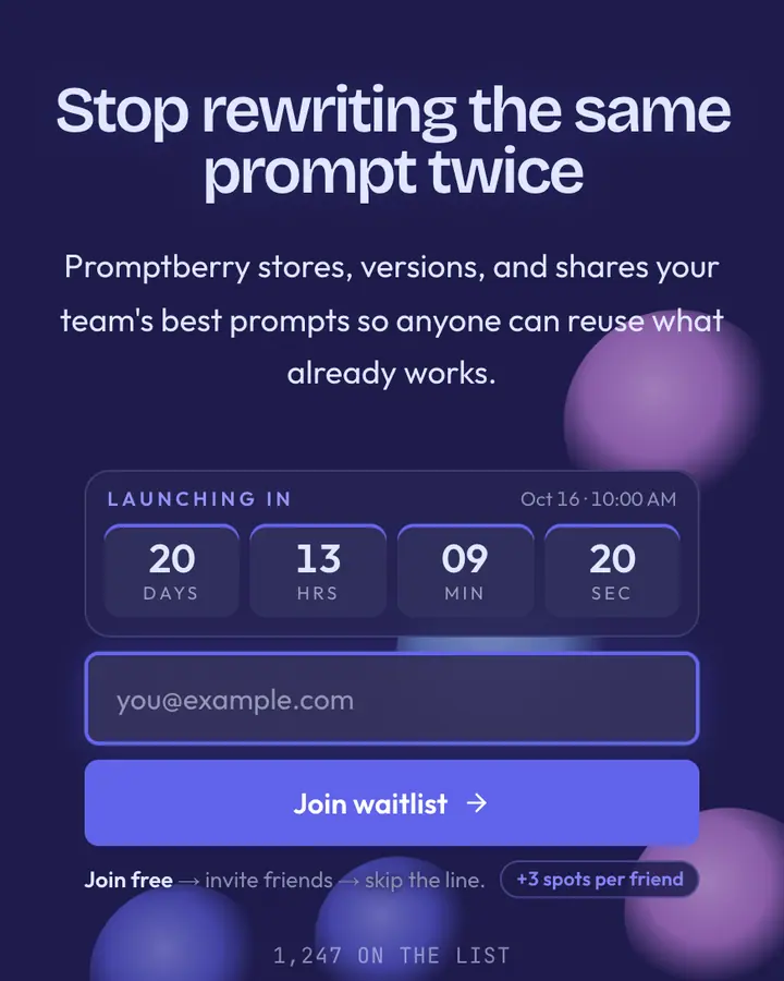 Blueberry Glass — Glassmorphism waitlist page template, dark indigo background