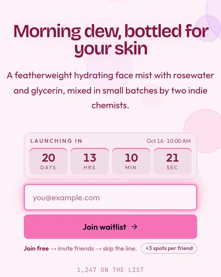 Blush Glass — Glassmorphism waitlist page template, pink-tinted white background