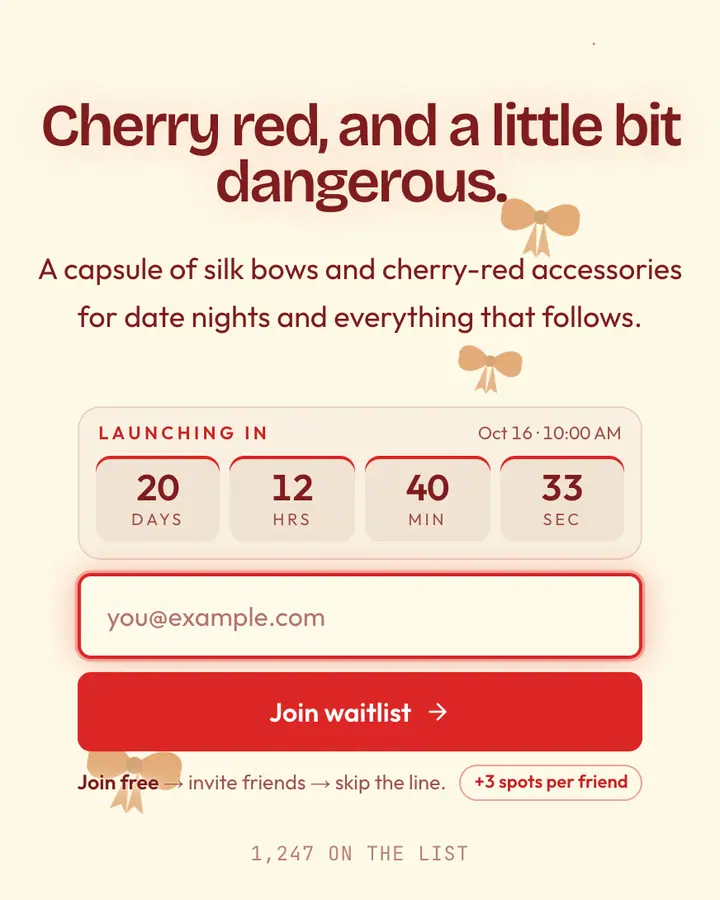 Bow Tie — Coquette waitlist page template, amber-tinted white background