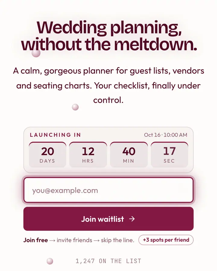 Bridal White — Coquette waitlist page template, amber-tinted white background