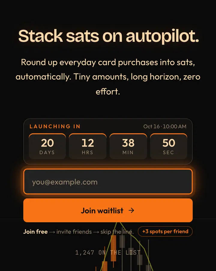 Bitcoin Orange — Crypto & Web3 waitlist page template, near-black background