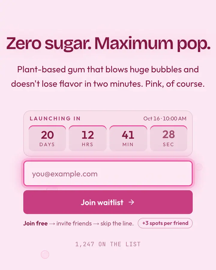 Bubble Gum — Playful & Pastel waitlist page template, pale pink background