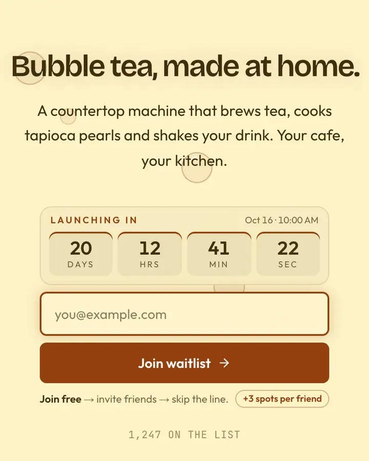 Bubble Tea — Playful & Pastel waitlist page template, cream background