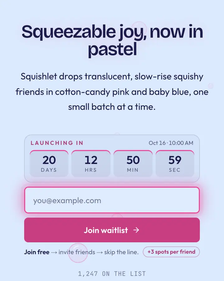 Bubble Wrap — Y2K waitlist page template, pale sky blue background