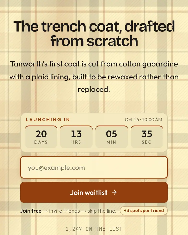 Heritage Check — Luxury waitlist page template, cream background