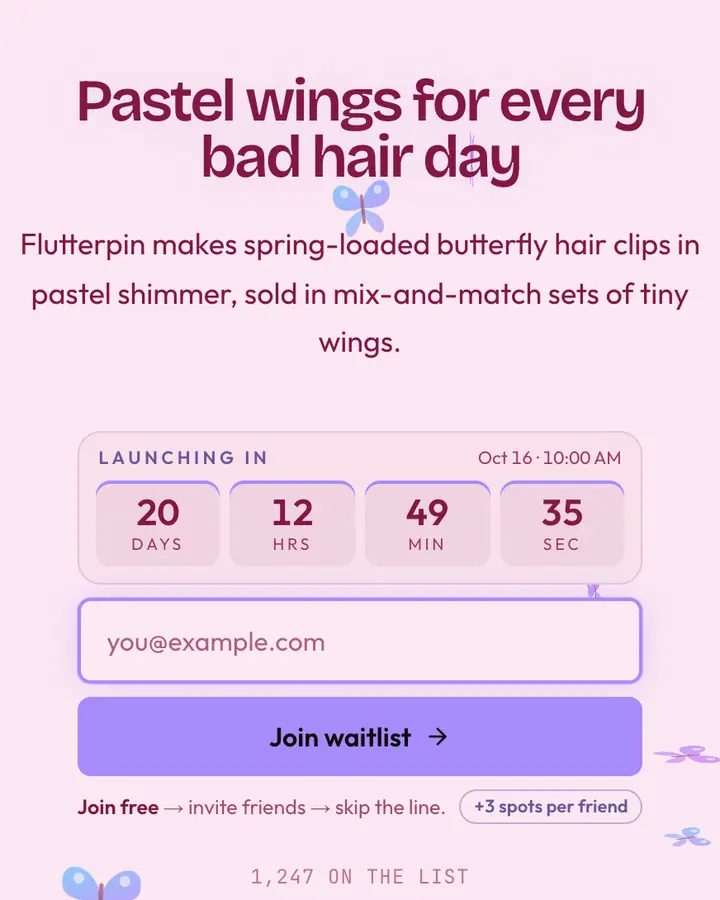 Butterfly Clip — Y2K waitlist page template, pale pink background