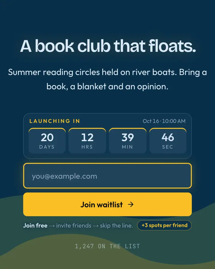 Cambridge River — Dark Academia waitlist page template, deep sky blue background