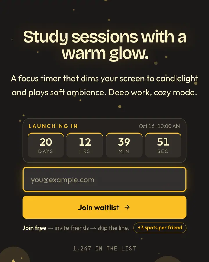 Candlelit Study — Dark Academia waitlist page template, charcoal background