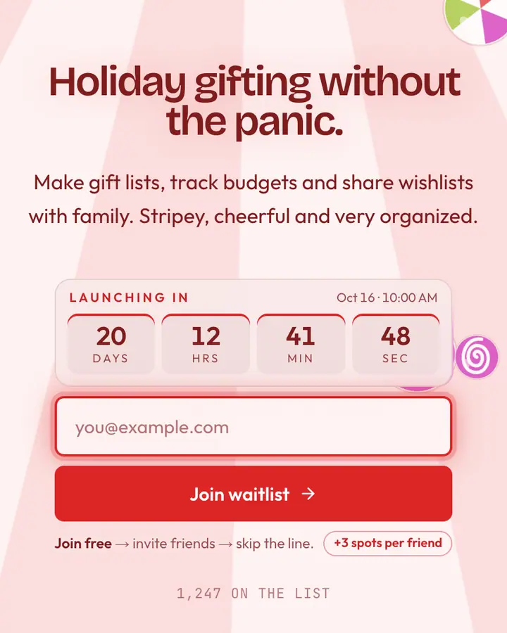 Candy Cane — Playful & Pastel waitlist page template, red-tinted white background