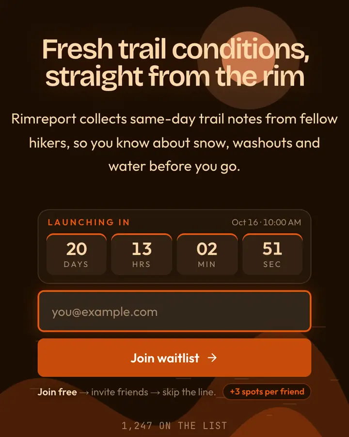 Canyon Rim — Nature & Organic waitlist page template, near-black vermilion background
