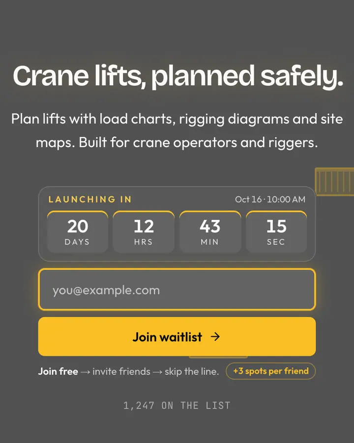 Cargo Crane — Industrial & Brutalist waitlist page template, dark gray background